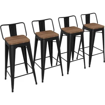 30-инчови бар столове Yongchuang Набор от метални продуктова столове с височина 4 стъпала с дървена седалка и ниска облегалка Кухненски бар столове матово-черен цвят