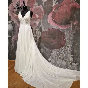 vestidos boda, Бохем завързана елече, шифон, V-образно деколте, без табли, Сватбена рокля в стил бохо с влак, женски vestido de новия civil 2023