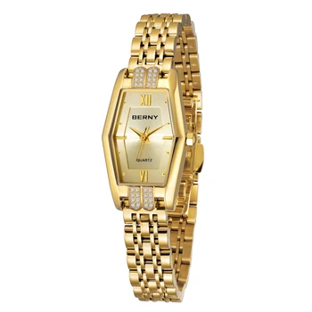 Дамски ръчен часовник Berny със златен текстура, часовници с диаманти, дамски кварцови часовници, луксозни водоустойчиви часовници за висока точност от неръждаема стомана
