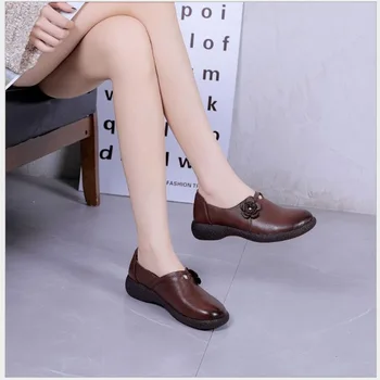 Дамски удобни лоферы, брандираната пролетно обувки на нисък ток с цветен модел, естествена кожа ръчно изработени, Ежедневни меки обувки на равна подметка, дамски мързелива обувки