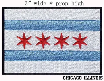 Флаг Чикаго, Илинойс, САЩ, нашивка с бродерия ширина 3 инча, за четири червени звезди/светло-син/железни ивици с лого