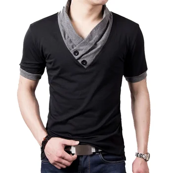 B1831 Тънък памучен черна тениска с V-образно деколте в стил мозайка с къс ръкав, мъжки потници и тениски на копчета
