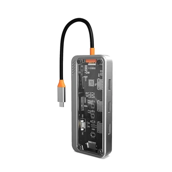 1 бр. Гигабитная докинг станция 10 В 1, хъб Type C е съвместим с USB, RJ-45, устройство за четене на SD карти, сив пластмасов хъб USB 3.0