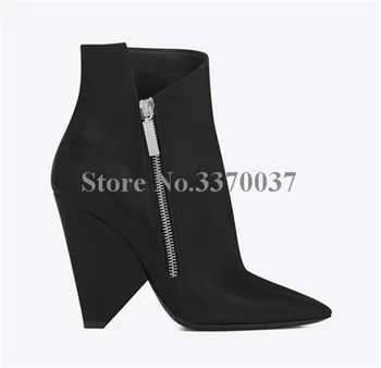 Висококачествени дамски модни ботильоны от черен велур с остри пръсти на високи токчета, къси ботуши с цип на нетрадиционни обувки