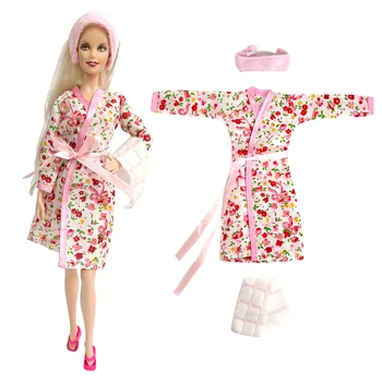 Официален комплект дрехи за кукли Барби NK: Халат за баня с цветен модел на рокля + лента за коса + кърпи за баня за кукли Барби 1/6 house