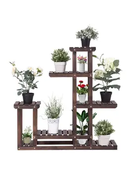 Открит Дървени Рафтове За Изложба на Цветя Растения с 6 Дървени Рафтове За Съхранение В Градината
