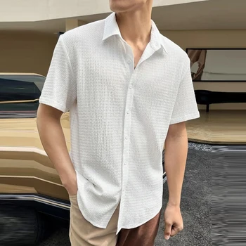 2024 Пролетно-лятна ежедневни риза за мъжете, плажен стил, обикновена дишащи памучни ризи с къс ръкав, мъжки блузи с ревери на копчета