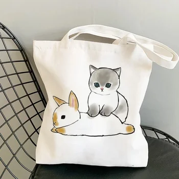 Чанта за пазаруване с мультяшными котки-зайци Kawai, холщовые чанта през рамо, дамски чанти, за пазаруване, чанта-тоут голям капацитет, плажна чанта