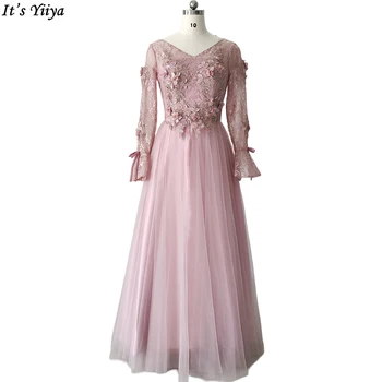 Вечерна рокля It ' s Yiiya, Розово, С дълъг ръкав И кръгло деколте, С апликации, Трапециевидное, с Дължина до пода, Vestido, Плюс размери, Секси Вечерна рокля R008