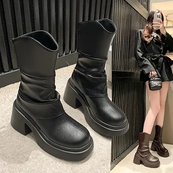 Дамски обувки, Новост 2023 година, луксозни дизайнерски сабо джоб с кръгло бомбе, зимни обувки на платформа, дамски обувки на щиколотке в стил Лолита, Модни каучук Hi