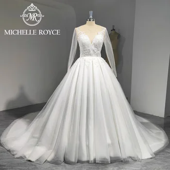 Бална рокля Мишел Ройс, сватбена рокля с дълъг ръкав, 2023, сватбена рокля с влак от блестящи тюл, Vestidos De Новия