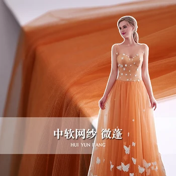 Тухла-оранжева на окото плат, мандарина Портрет, Мек прозрачен сватбена рокля ръчна изработка, дизайнерски тъкани