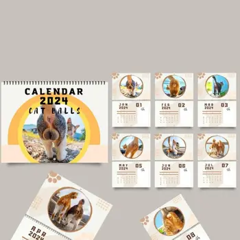 Хартиен Календар с дупки за котки Стенен декор с намотка Коледни подаръци 2024 Календар за Планиране на времето за Стенен Календар Настолен