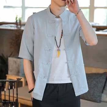 Висококачествена мъжка риза Hanfu в китайския ретро традиционен стил от едно семе, мъжка риза със средния ръкав и ключалката на таблото, мъжки блузи
