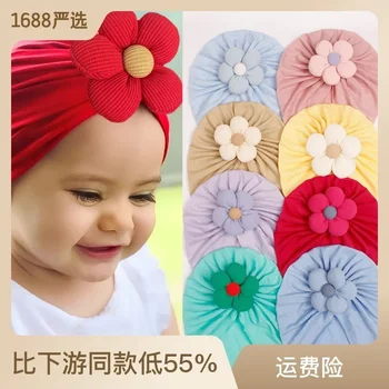 Есенно-зимни нова детска однотонная памучен шапка с имитация на цвете, дишаща шапка с цветен модел, детска шапка