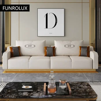 Луксозен модерен кожен комплект с дървени мека мебел, модерен 2/3/4-местен диван, Кожен диван за хол По поръчка
