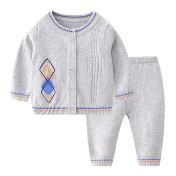 Комплект сиви пуловери в клетката за момче, детски случайни комплект за плетене, памук детска жилетка, топ и панталон