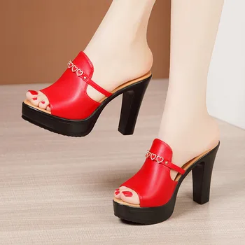 чехли на висок ток 10 cm, дамски обувки на платформа, Лято 2023, чехли в дебела подметка от естествена кожа със сърца за офис и за сватба