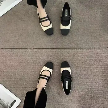 Дамски обувки на равна подметка 2023 г.; Дамски Летни Обувки на плоска подметка С квадратни пръсти; Мокасини Черно със Стилен Цвят в Корейски стил; Елегантна Рокля без закопчалка