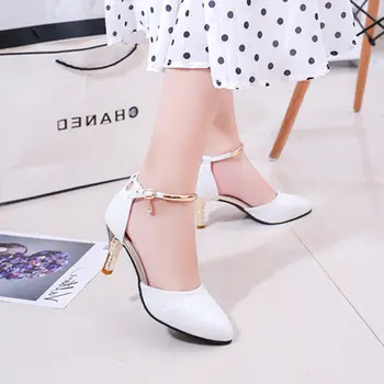 Модни дамски Класически сватбени обувки за булката с бяла тока и каишка на високи токчета, дамски розови удобни обувки на висок ток, пикантни вечерни обувки