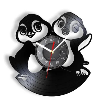 Детски стенен часовник с изображение на животни, детски пингвини, Vinyl плоча, стенни часовници, Семейство пингвини, Декоративни часовници за детска стая,, подарък под формата на Пингвин