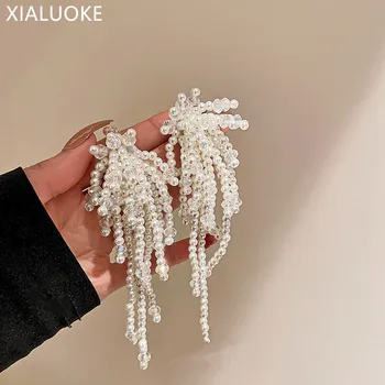 XIALUOKE, Дамски обеци с перли ръчна изработка, модерни елегантни обици с дълги пискюли, вечерни украса