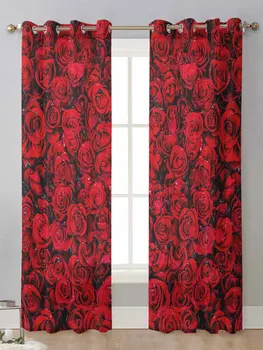 Прозрачни завеси на стената с цветове от червена роза за скрининг на прозорци на хола, прозрачна вуалевая тюлевая завеса Cortinas, пердета за дома