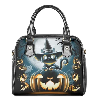 Луксозни кожени чанти през рамо за жени, нова чанта с изображение на черната котка на Хелоуин, ежедневна чанта за пазаруване, празничен подарък