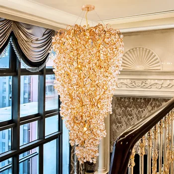 Луксозна стълба, кристален led полилей за всекидневна, модерна Златна спираловидна стълба, кристален полилей, висящи лампи, осветление