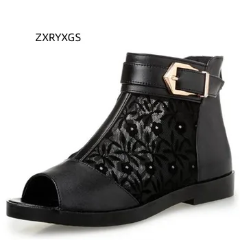 ZXRYXGS Отлични Обувки от телешка кожа, завързана с мрежа и риба уста, Летни дамски сандали 2023, Новите Модни Летни Черни сандали на равна подметка голям размер