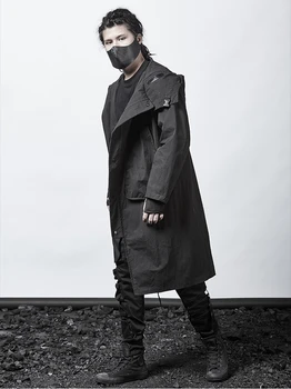 Японски тъмен тренч, индивидуално палто-наметало с качулка, мъжка мода, асиметричен дизайн, хавлия над коляното