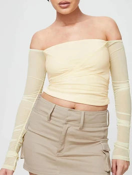 Дамски дантелен потник с открити рамене, с дълги ръкави, флорални дантели, ефирни блузи от прозрачна мрежа, страхотна секси прилепнали тениски