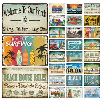 Метална табела на плажа за сърф на Вълна Лятна Метална снимка на Плакат Стенни Пана Художествена илюстрация на Верандата на бар Монтиране на твърд знак на сърф-клуб
