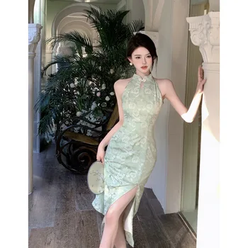 Зелена Ципао без ръкави, секси рокля в китайски стил с флорални принтом, Елегантна дълга банкет рокля Cheongsams, ежедневна рокля Vestidos