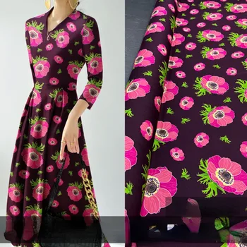 Индивидуално рокля от еластичен двойна крепа от коприна черница тутового цвят с розов принтом ръчно изработени, висококачествени тъкани за шивашки със собствените си ръце