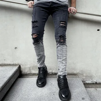Нови стилни мъжки скъсани Градиентные Тесни дънкови панталони-молив, ежедневни дънкови панталони с дупки, стрейчевые