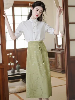 Yourqipao Елегантни елементи от дрехи в китайски стил в стил ретро, бели блузи с къс ръкав, ризи с лошадиным лице, пола за жените