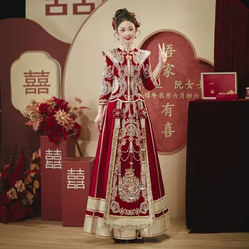 Облекло Xiuhe 2023, Нови сватбени рокли, Китайска сватба облекло, Кимоно, Женски Нови сватбени рокли с Дракон и Фениксом