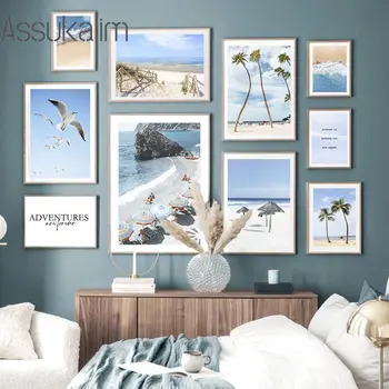 Картина върху платно с морски плаж и отпечатъци от дланите, стенни картини с оси, картини с принтом Чайки, Скандинавските стената плакати, интериор на хол