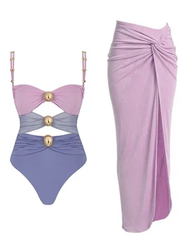 Цял бански с цветен деколте и саронг, модни лоскутные бански костюми с ефект повдигащ, женски луксозен бански костюм, плажно облекло 2024