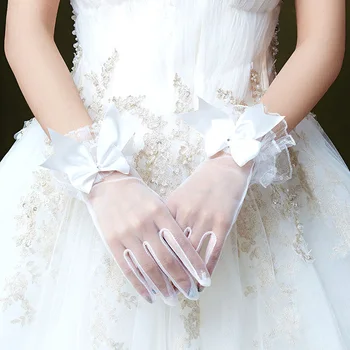 Бели дантелени мрежести ръкавици с лък За булчински рокли, Аксесоари за жени, сватбени ръкавици за бала, Елегантни