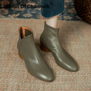 LeShion Of Chanmeb / Дамски Обувки от естествена кожа Върху дървен ток в ретро стил, Лаконичен Удобни Ботуши с цип, Дамско Зимно-есенна обувки С кръгло бомбе 40
