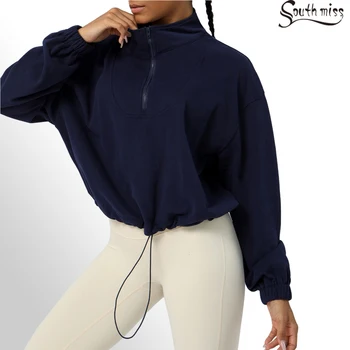 Дамски hoody оверсайз с наполовина занижени рамо с цип свободно, намаляване, спортен пуловер от памук, хавлиени кърпи, тъмно синьо спортно облекло